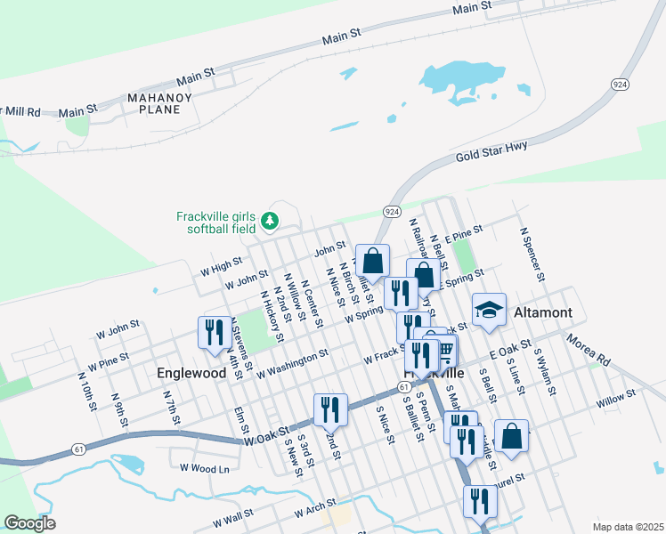 map of restaurants, bars, coffee shops, grocery stores, and more near 219 North Nice Street in Frackville