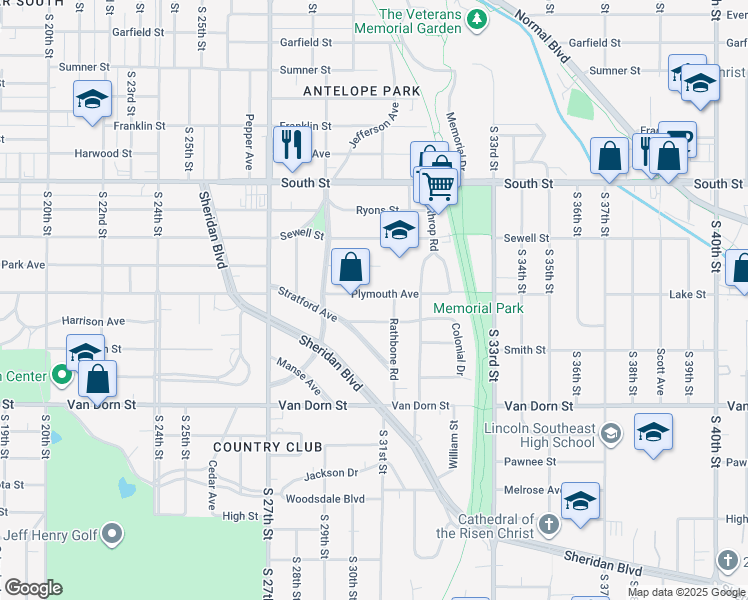 map of restaurants, bars, coffee shops, grocery stores, and more near 3027 Plymouth Avenue in Lincoln