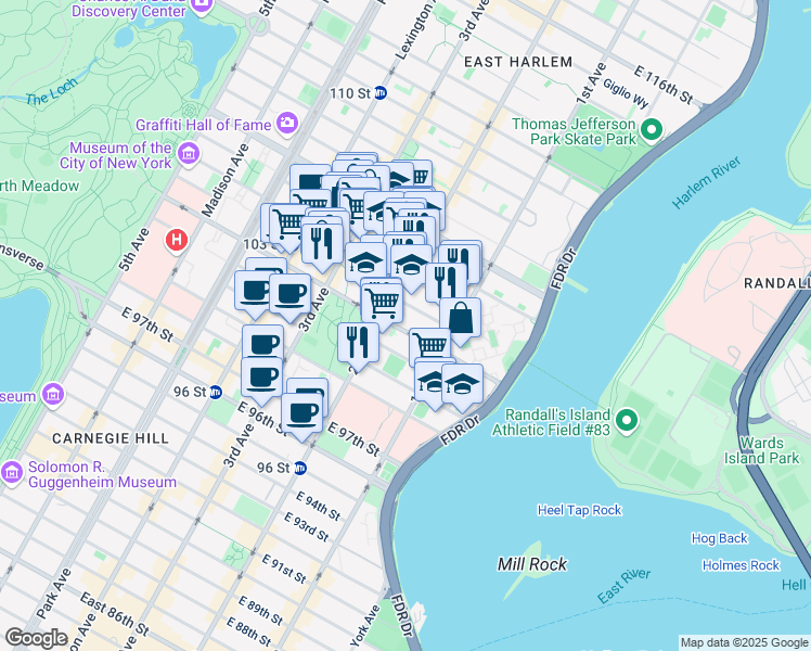 map of restaurants, bars, coffee shops, grocery stores, and more near 315 East 102nd Street in New York