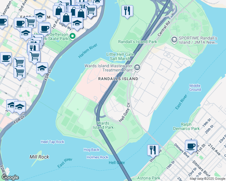 map of restaurants, bars, coffee shops, grocery stores, and more near Hell Gate Circle in New York