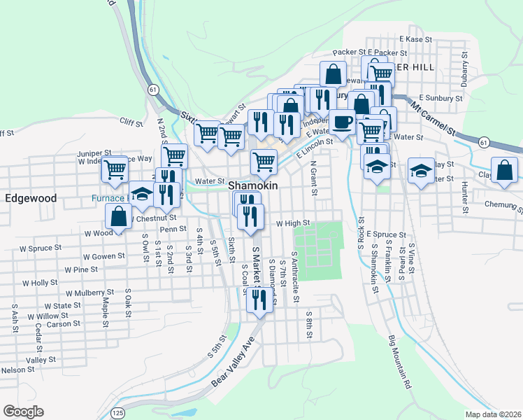 map of restaurants, bars, coffee shops, grocery stores, and more near 5 North Market Street in Shamokin