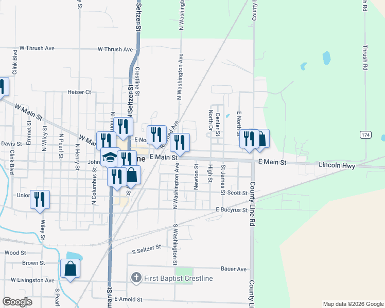 map of restaurants, bars, coffee shops, grocery stores, and more near 439 East Main Street in Crestline