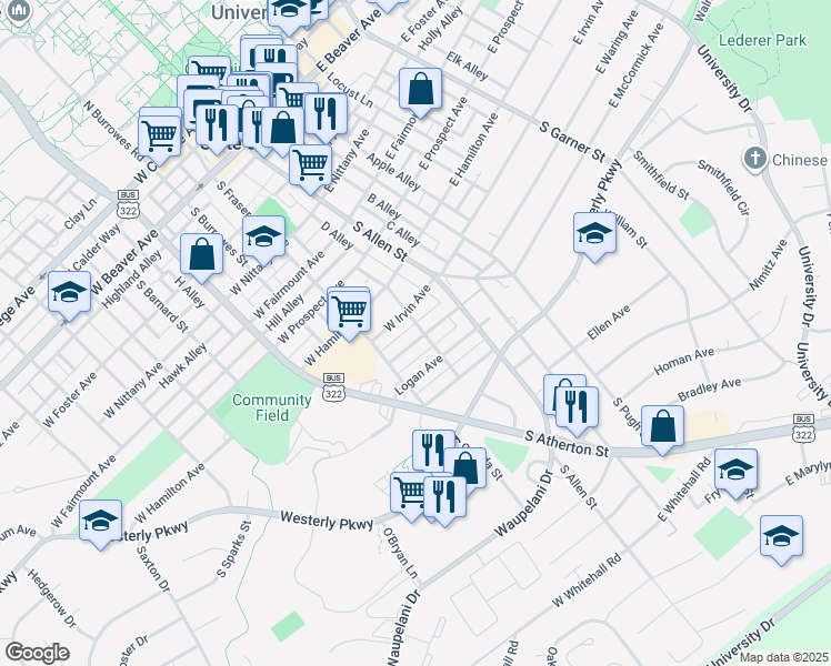 map of restaurants, bars, coffee shops, grocery stores, and more near 814 Walnut Street in State College