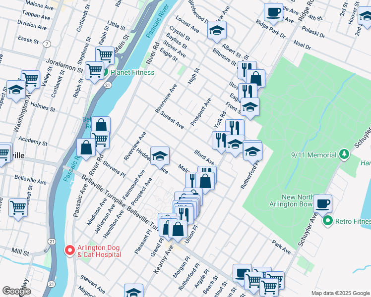 map of restaurants, bars, coffee shops, grocery stores, and more near 71 Ilford Avenue in North Arlington