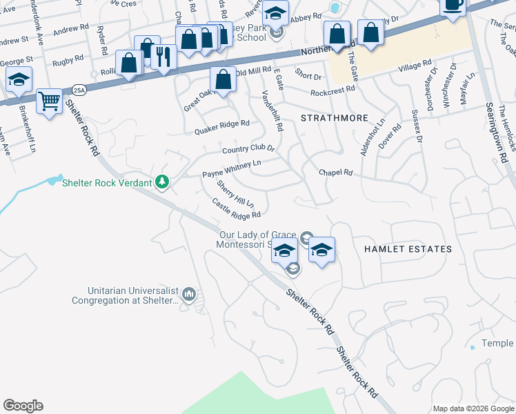 map of restaurants, bars, coffee shops, grocery stores, and more near 16 Castle Ridge Road in Manhasset