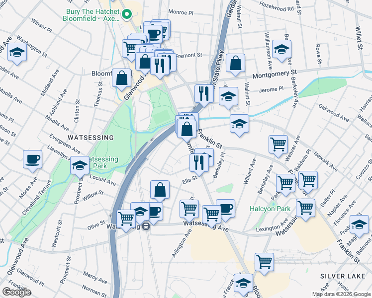 map of restaurants, bars, coffee shops, grocery stores, and more near 401 Bloomfield Avenue in Bloomfield