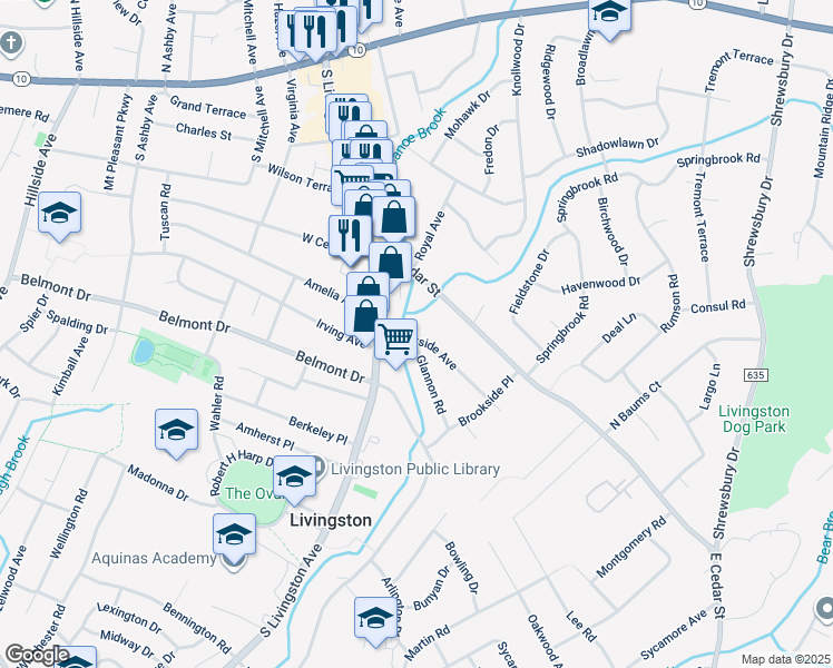 map of restaurants, bars, coffee shops, grocery stores, and more near 23 Brookside Avenue in Livingston