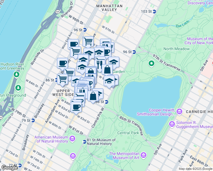 map of restaurants, bars, coffee shops, grocery stores, and more near 29 West 89th Street in New York