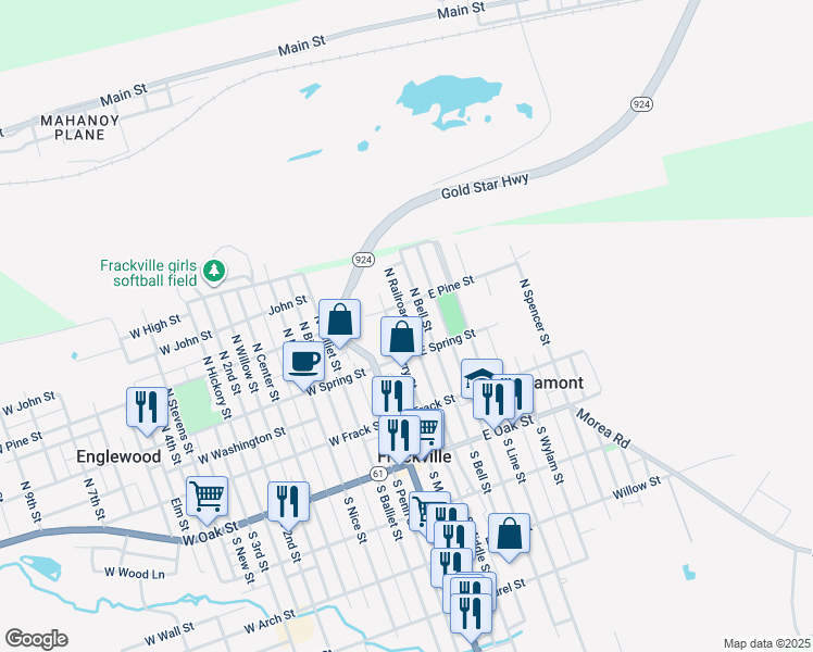 map of restaurants, bars, coffee shops, grocery stores, and more near 158 North Railroad Avenue in Frackville