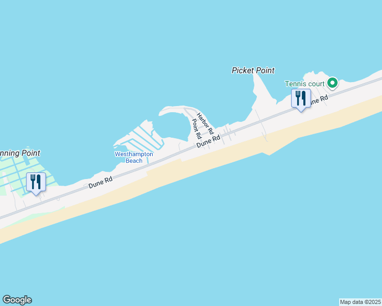 map of restaurants, bars, coffee shops, grocery stores, and more near 447 Dune Road in Westhampton Beach