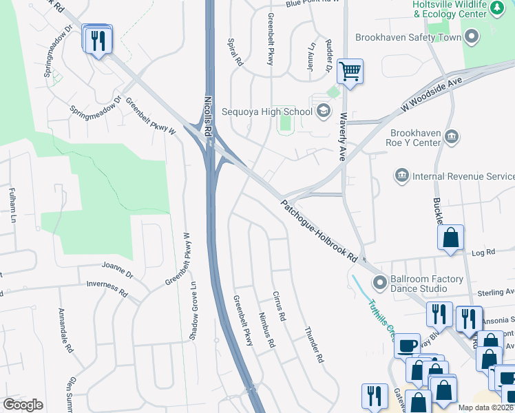 map of restaurants, bars, coffee shops, grocery stores, and more near 261 Thunder Road in Holbrook