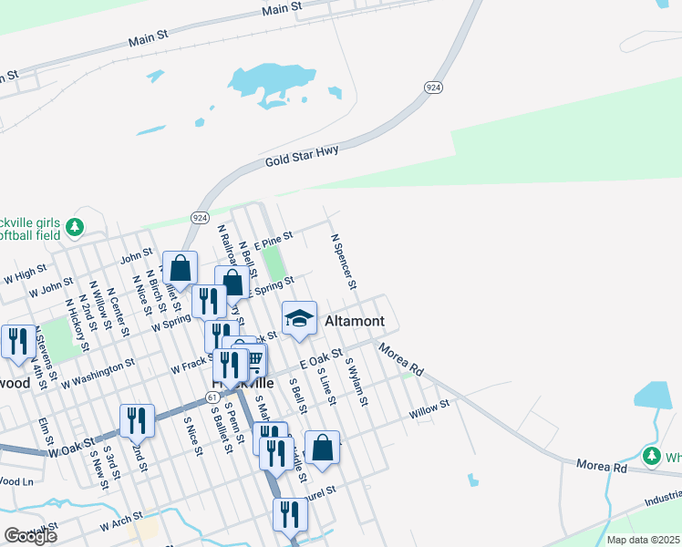 map of restaurants, bars, coffee shops, grocery stores, and more near 36 North Spencer Street in Frackville