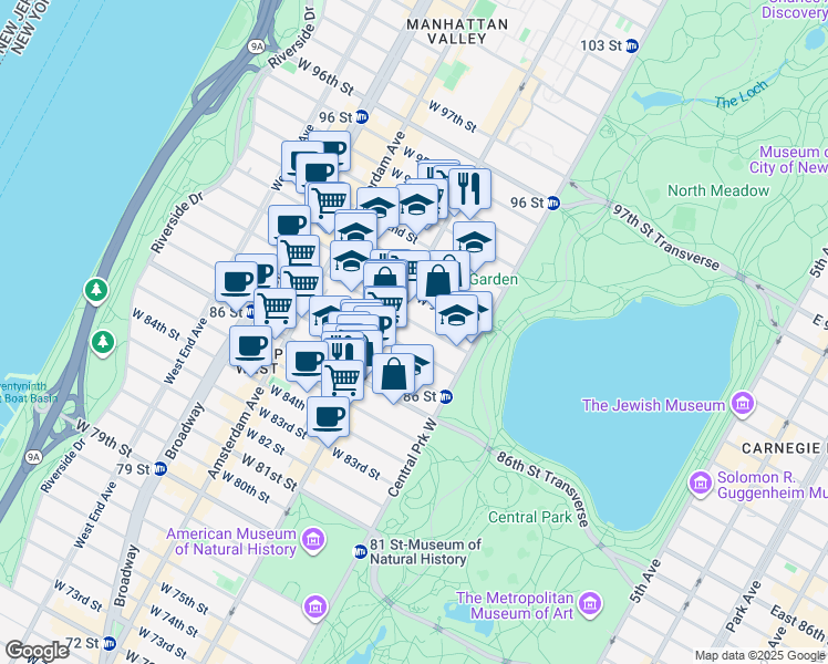 map of restaurants, bars, coffee shops, grocery stores, and more near 60 West 89th Street in New York