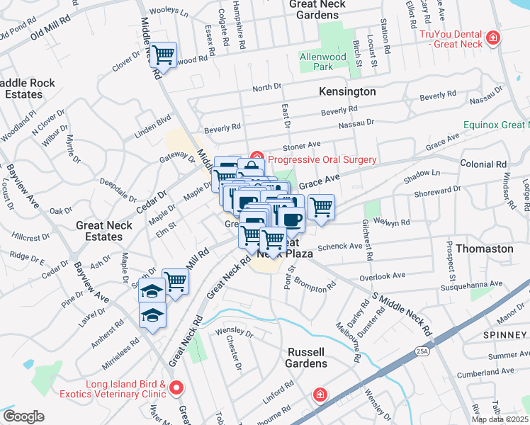 map of restaurants, bars, coffee shops, grocery stores, and more near 31 North Station Plaza in Great Neck