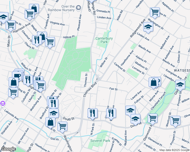 map of restaurants, bars, coffee shops, grocery stores, and more near 633 Thomas Boulevard in East Orange