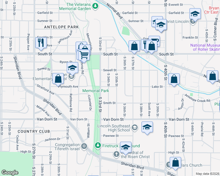 map of restaurants, bars, coffee shops, grocery stores, and more near 2502 South 34th Street in Lincoln