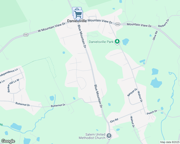 map of restaurants, bars, coffee shops, grocery stores, and more near 1259 Blue Mountain Drive in Danielsville