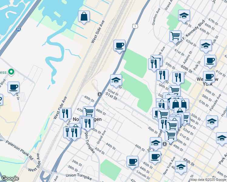 map of restaurants, bars, coffee shops, grocery stores, and more near 1612 52nd Street in North Bergen
