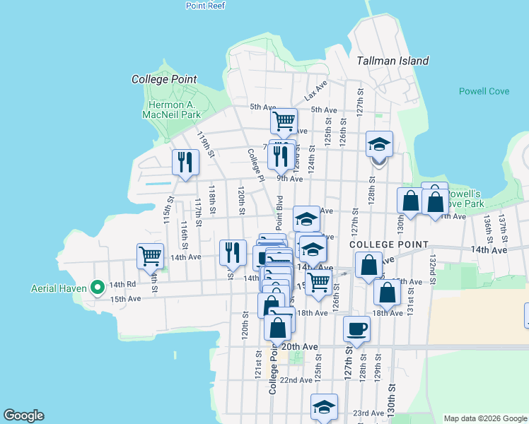 map of restaurants, bars, coffee shops, grocery stores, and more near 121-09 12th Avenue in Queens