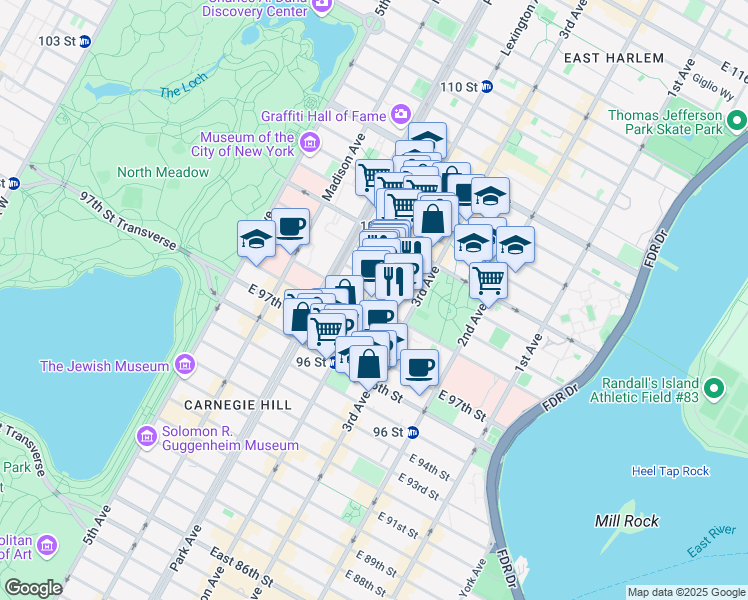 map of restaurants, bars, coffee shops, grocery stores, and more near 151 East 99th Street in New York