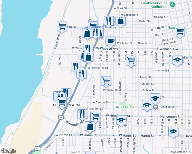map of restaurants, bars, coffee shops, grocery stores, and more near 2154 Spring Street in Eureka