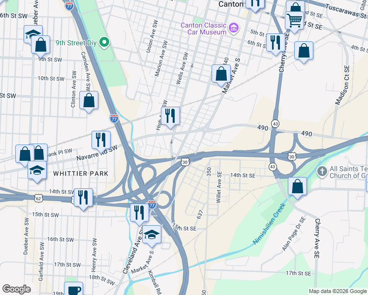 map of restaurants, bars, coffee shops, grocery stores, and more near 1226 Cleveland Avenue Southwest in Canton