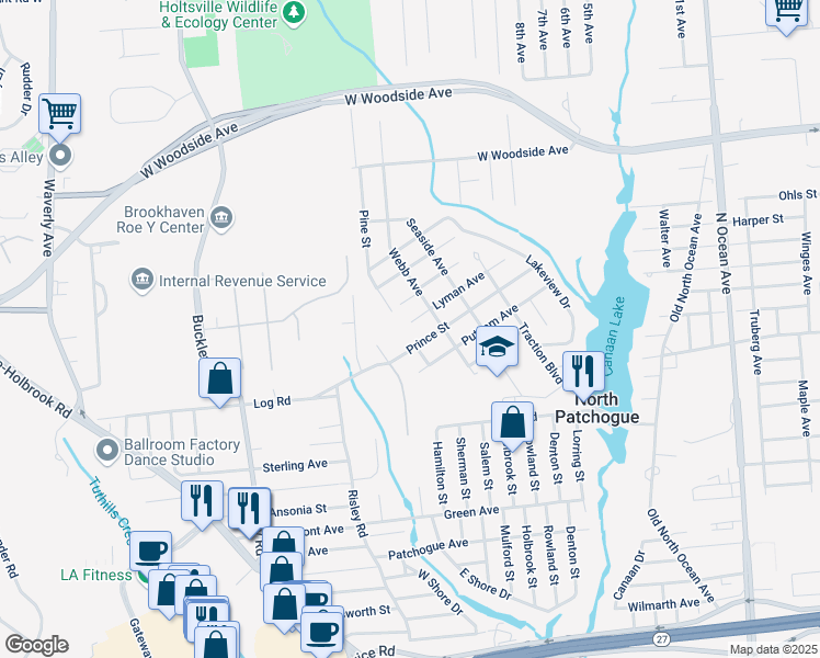 map of restaurants, bars, coffee shops, grocery stores, and more near 88 Lyman Avenue in Patchogue