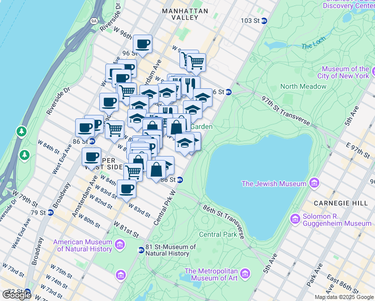 map of restaurants, bars, coffee shops, grocery stores, and more near 4 West 90th Street in New York