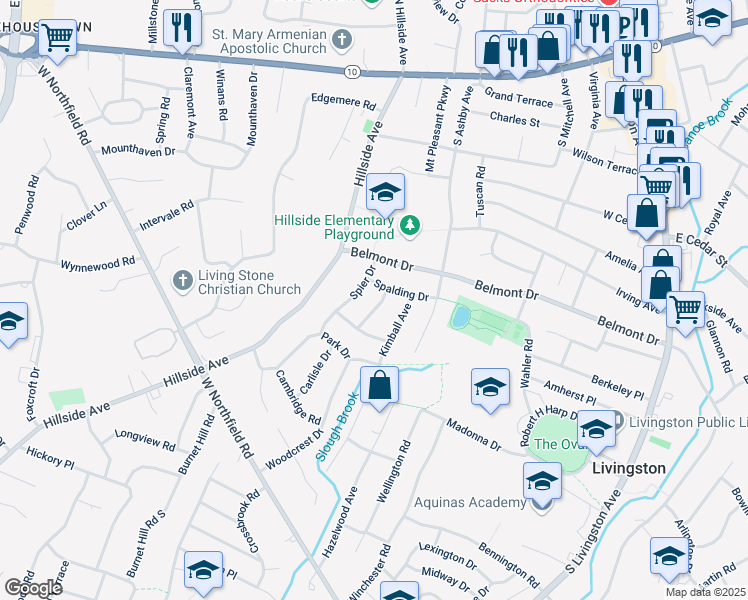 map of restaurants, bars, coffee shops, grocery stores, and more near 22 Spier Drive in Livingston