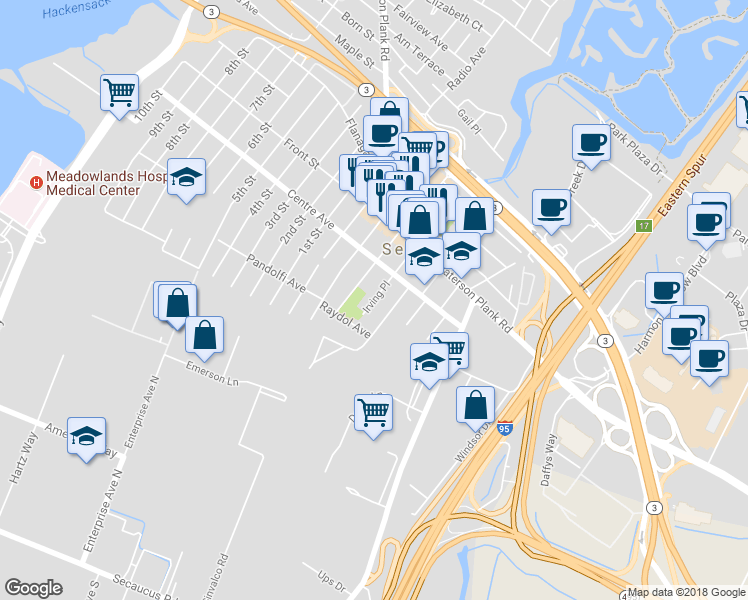 map of restaurants, bars, coffee shops, grocery stores, and more near 717 Irving Place in Secaucus
