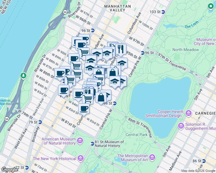 map of restaurants, bars, coffee shops, grocery stores, and more near 47 West 89th Street in New York