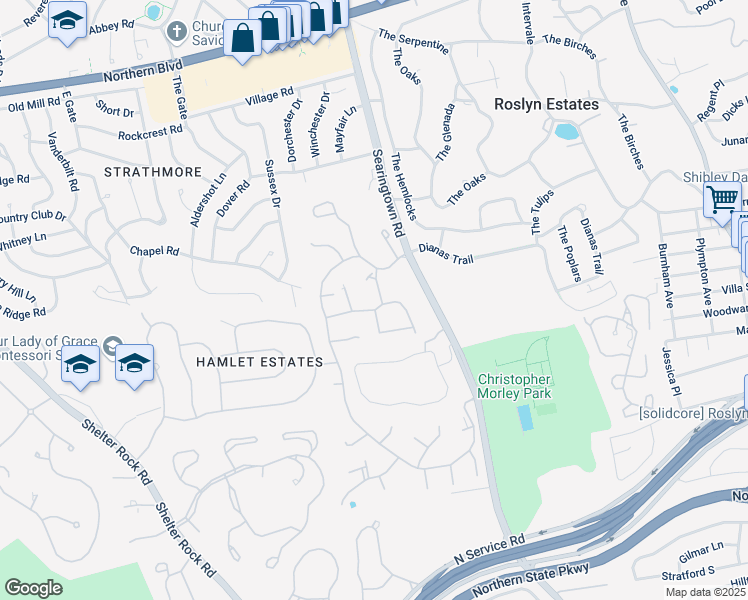map of restaurants, bars, coffee shops, grocery stores, and more near 89 Duck Pond Drive in Manhasset