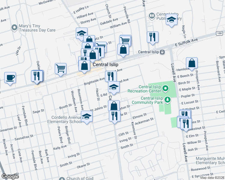 map of restaurants, bars, coffee shops, grocery stores, and more near 65 Carleton Avenue in Central Islip