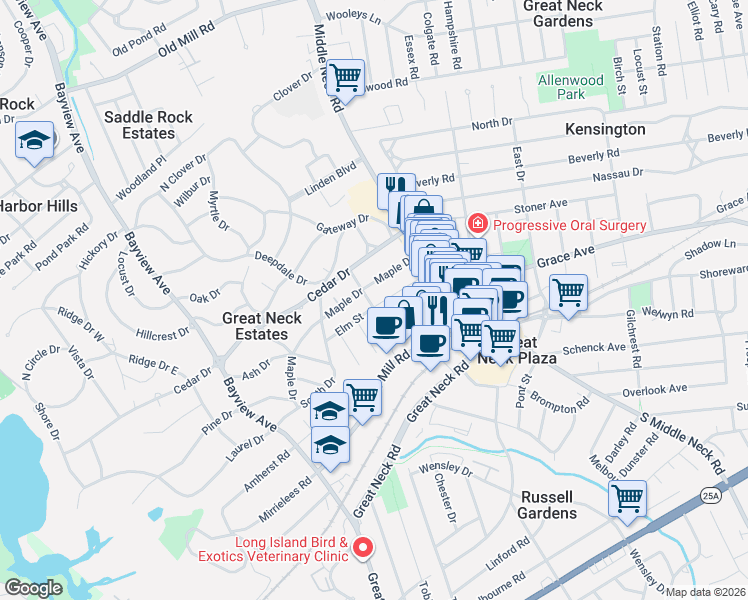 map of restaurants, bars, coffee shops, grocery stores, and more near 18 Hillside Avenue in Great Neck
