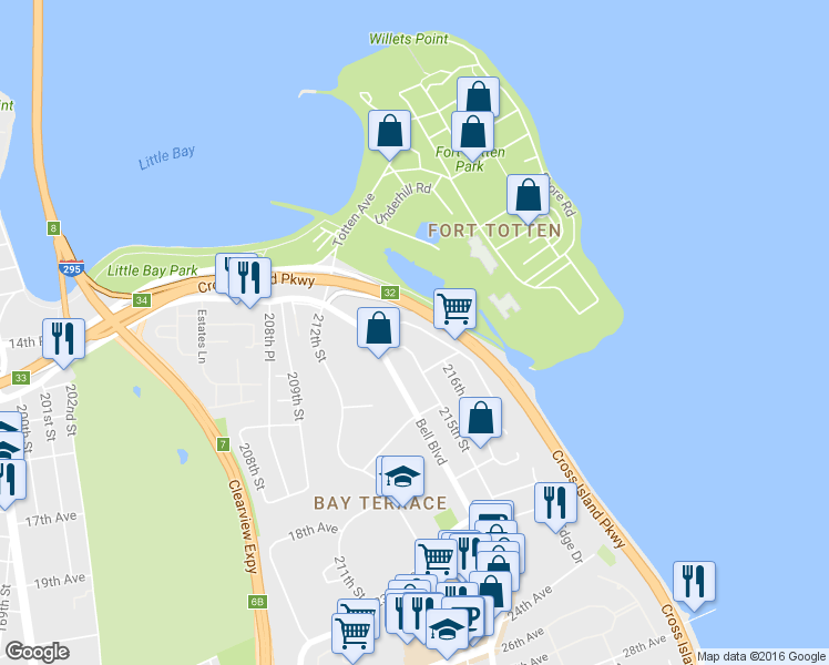 map of restaurants, bars, coffee shops, grocery stores, and more near 14-04 Waters Edge Drive in Queens