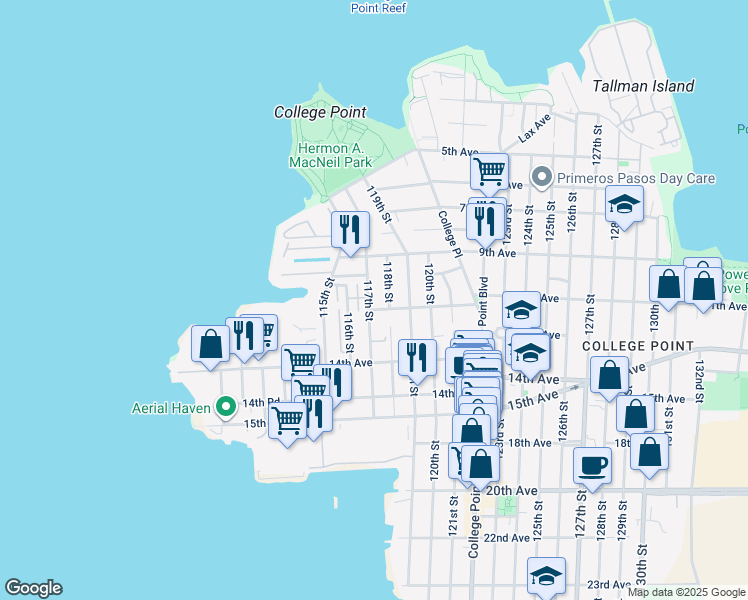 map of restaurants, bars, coffee shops, grocery stores, and more near 10-30 117th Street in Queens