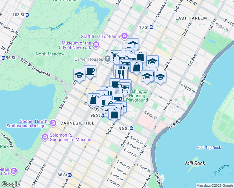 map of restaurants, bars, coffee shops, grocery stores, and more near in New York