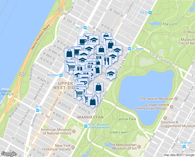 map of restaurants, bars, coffee shops, grocery stores, and more near 47 West 89th Street in New York
