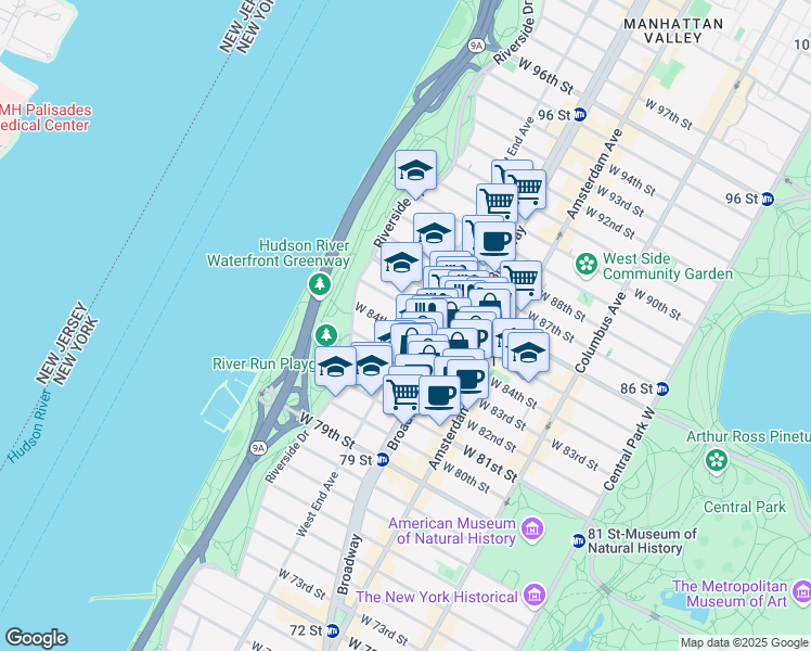 map of restaurants, bars, coffee shops, grocery stores, and more near 515 West End Avenue in New York