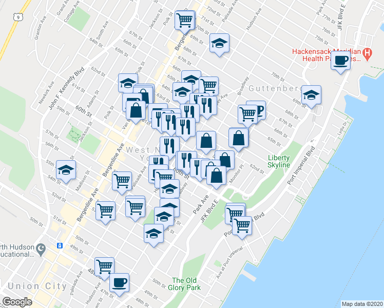 map of restaurants, bars, coffee shops, grocery stores, and more near 6030 Hudson Avenue in West New York