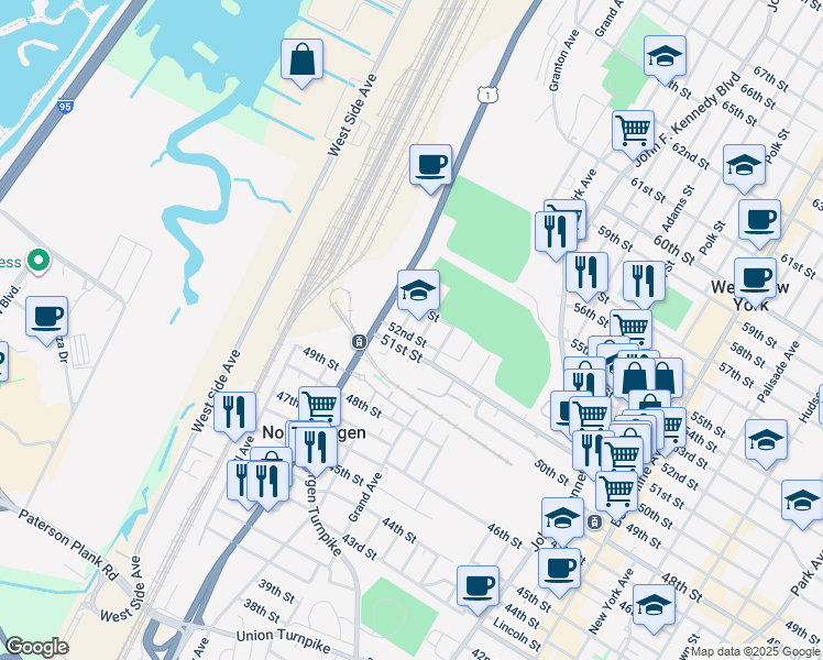 map of restaurants, bars, coffee shops, grocery stores, and more near 1612 52nd Street in North Bergen