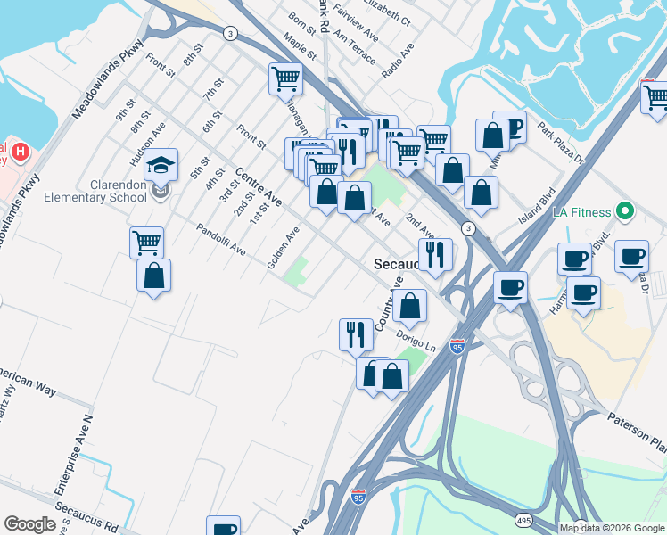 map of restaurants, bars, coffee shops, grocery stores, and more near 729 Chestnut Street in Secaucus