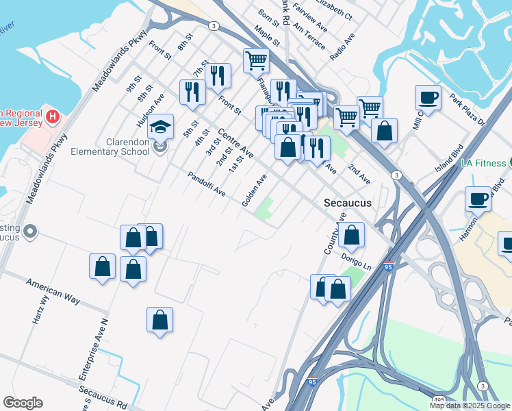 map of restaurants, bars, coffee shops, grocery stores, and more near 166 Pandolfi Avenue in Secaucus