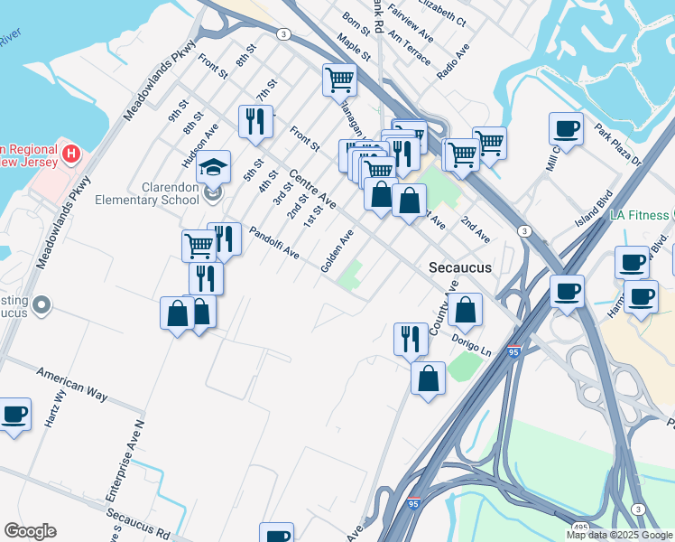 map of restaurants, bars, coffee shops, grocery stores, and more near 166 Pandolfi Avenue in Secaucus