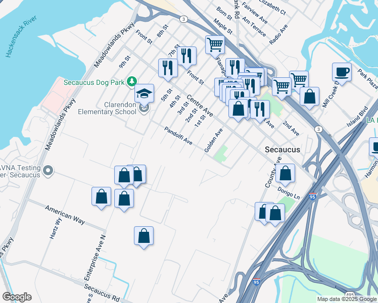 map of restaurants, bars, coffee shops, grocery stores, and more near 697 Minnie Place in Secaucus
