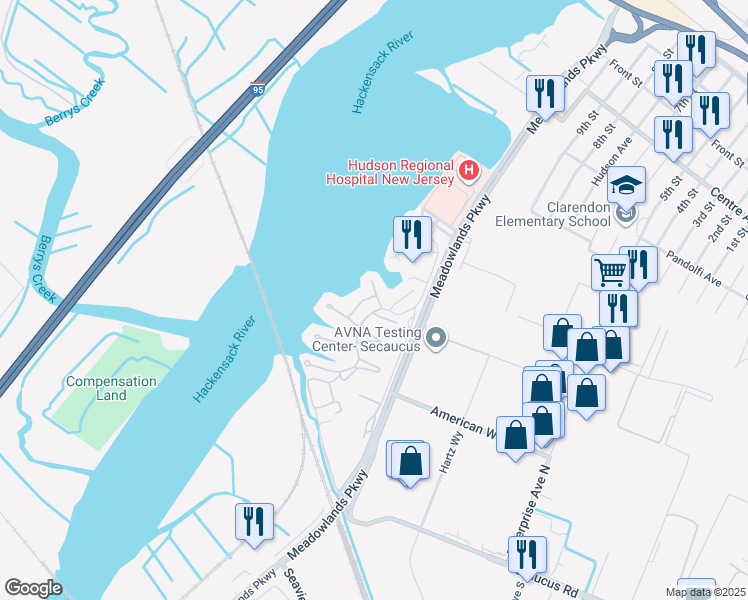 map of restaurants, bars, coffee shops, grocery stores, and more near 100 Sandpiper Key in Secaucus