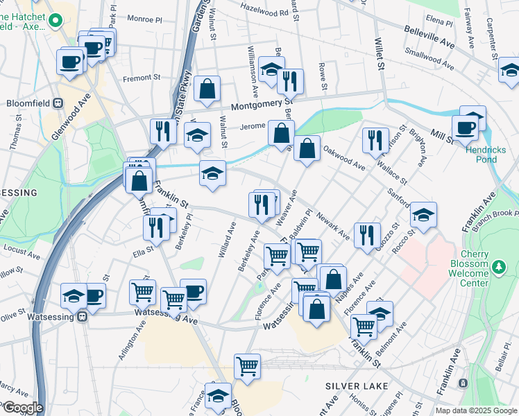 map of restaurants, bars, coffee shops, grocery stores, and more near 220 Berkeley Avenue in Bloomfield