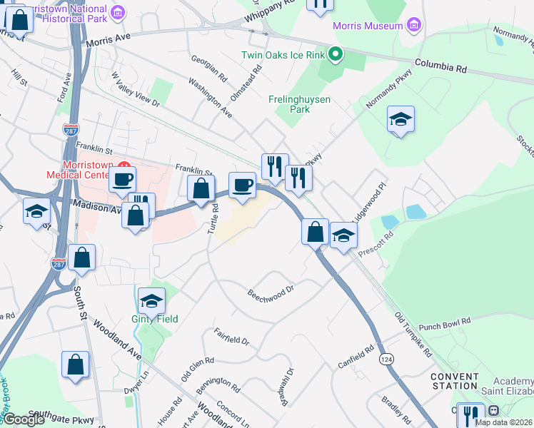 map of restaurants, bars, coffee shops, grocery stores, and more near 111 Village Drive in Morristown