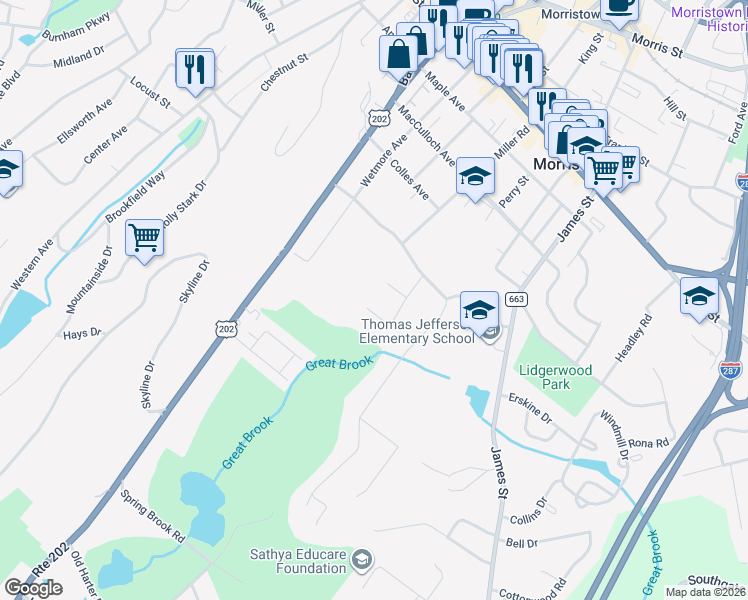 map of restaurants, bars, coffee shops, grocery stores, and more near 12 Vanderpool Drive in Morristown