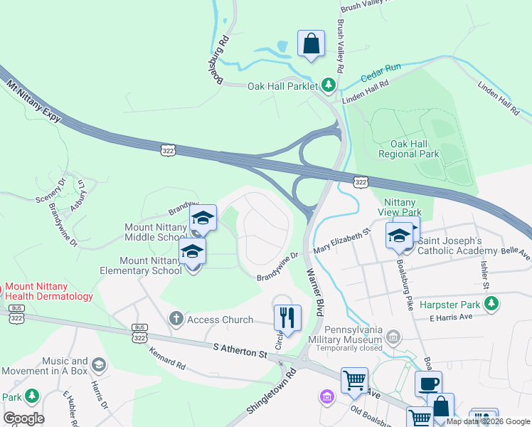 map of restaurants, bars, coffee shops, grocery stores, and more near 501-687 Brandywine Dr in State College